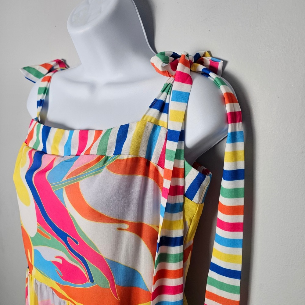Flying Tomato Tea Party Woven Maxi Dress Womens L Rainbow Tie Shoulder Tiered - Picture 3 of 14